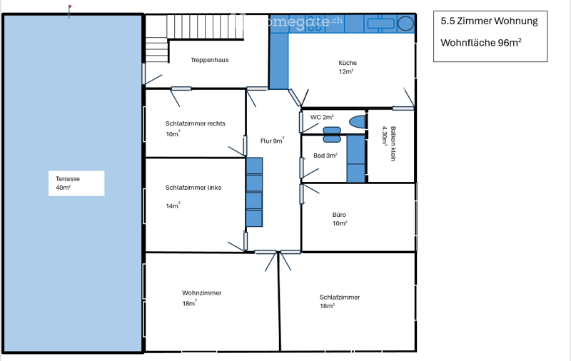 Floor Plan. Floor plan of a 5.5-room apartment with 96m² living space, including a kitchen, two bedrooms, a living room, a bathroom, a WC, a balcony, and a terrace.