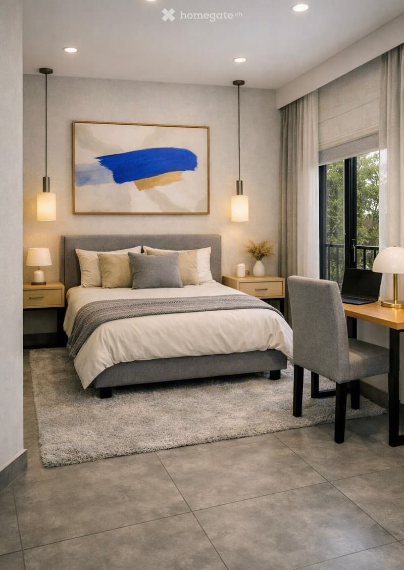 Modern bedroom with a large bed, nightstands, a desk with a laptop, and a chair. The room features a large window with blinds, a shaggy rug, and a stylish picture frame on the wall.