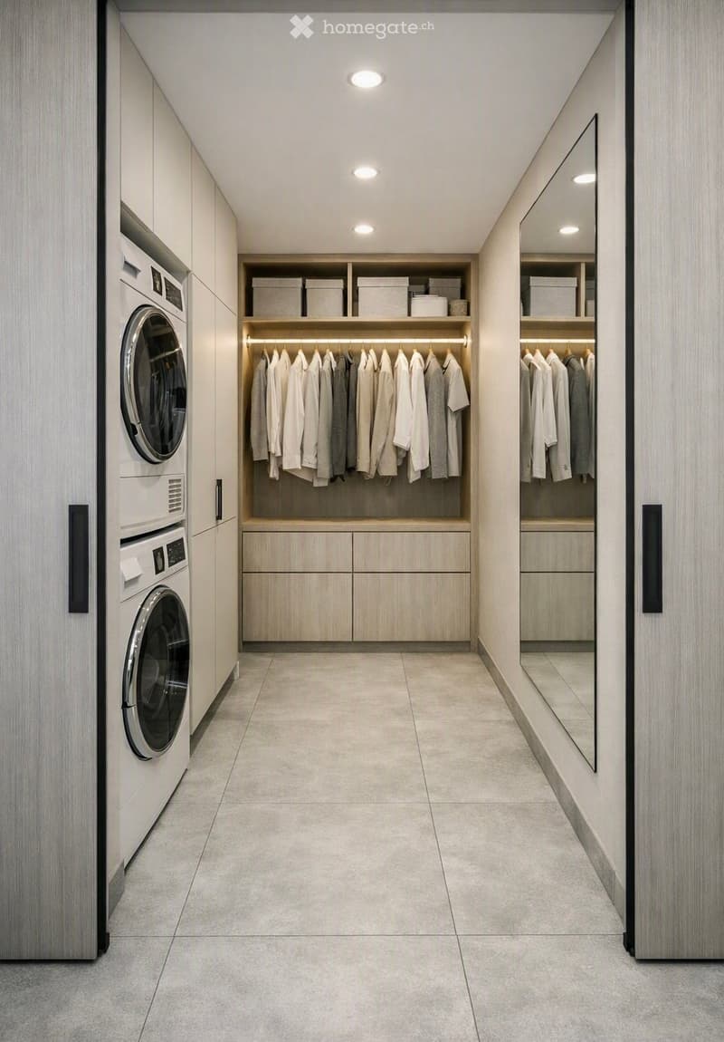 Modern, well-lit hallway with built-in wardrobes, a private washing machine, and neatly organized clothing racks.