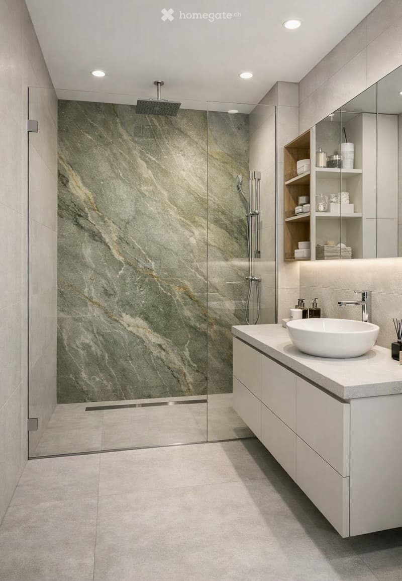Modern bathroom with a sleek white sink, marble shower wall, and built-in storage shelves.