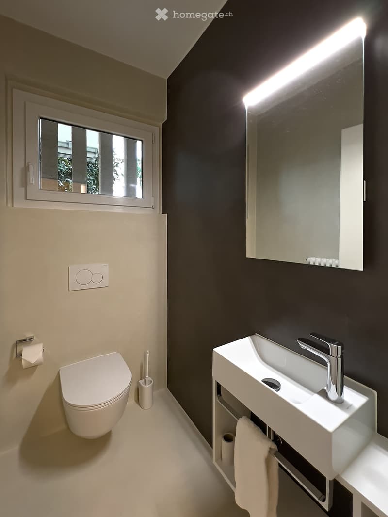 Modern bathroom with white toilet, white sink with chrome faucet, large mirror, and built-in storage. Light-colored walls and floor, with a small window providing natural light.