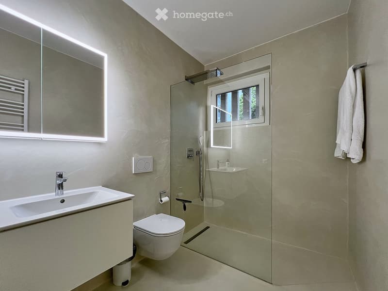 Modern bathroom with a sink, toilet, shower, and a large mirror. Features a towel rack, radiator, and a window providing natural light.