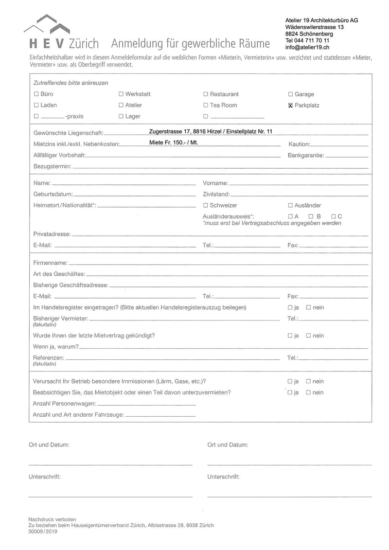 Rental application form for commercial spaces with fields for tenant details, property information, and parking space.