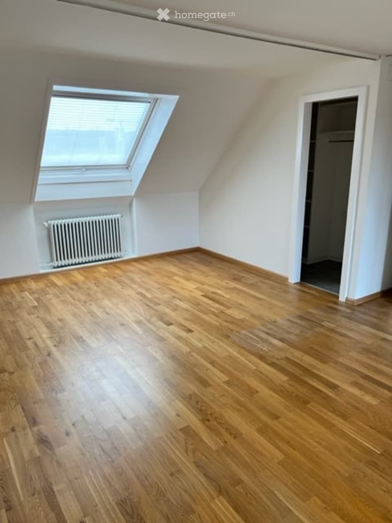 Empty attic room with wooden flooring, white walls, a skylight window, and a radiator. No furniture or equipment present.