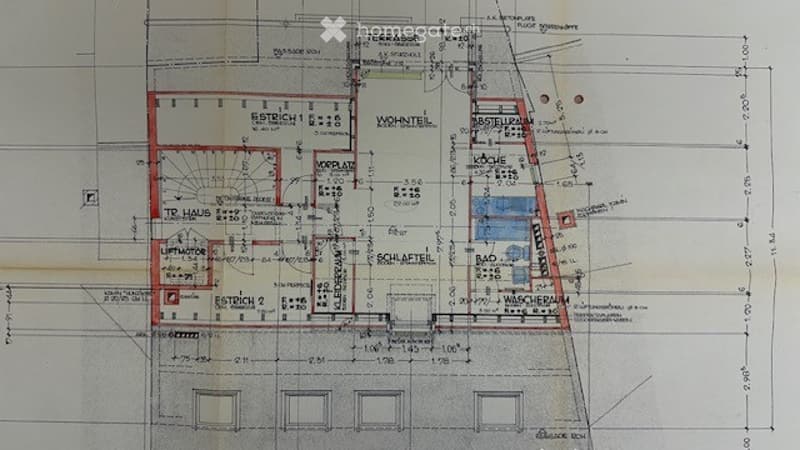 Architectural floor plan showing multiple rooms including a terrace, living room, kitchen, bedrooms, and bathrooms. The layout includes labeled areas such as "ESTRICH 1," "ESTRICH 2," "WOHNZIMMER," "KOCHE," "BAD," and "WASCHERUM." Dimensions and measureme