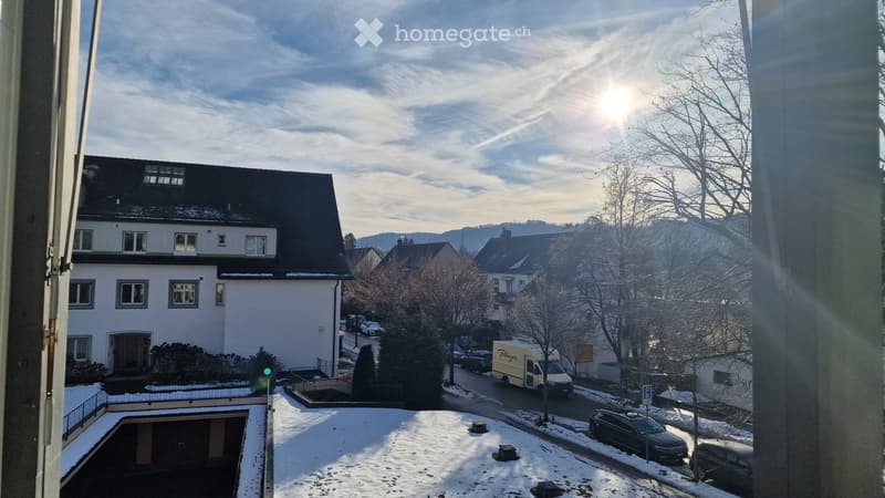 Snowy street with parked cars, houses, trees, mountains in the background, clear sky with sun