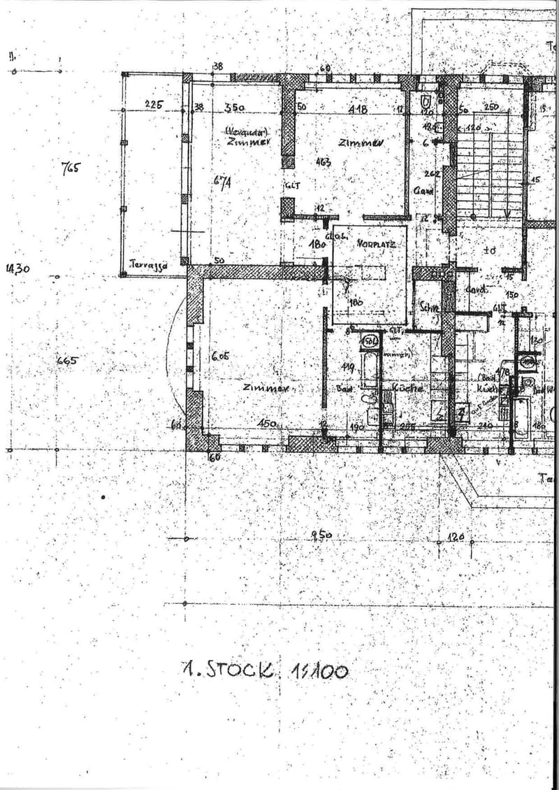 Floor plan with multiple rooms, including living room, kitchen, bedrooms, bathrooms, and storage areas.