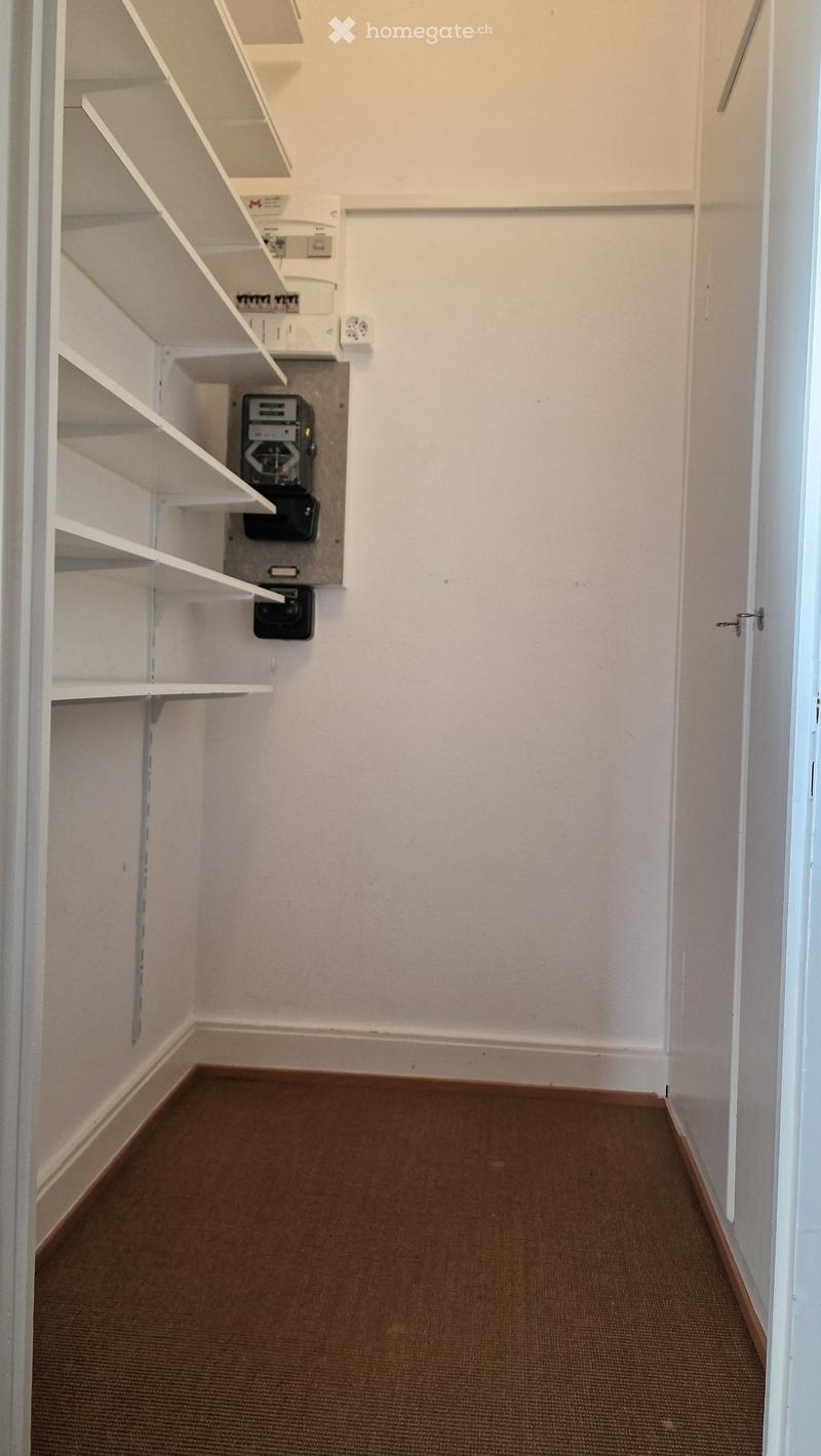 empty room, white walls, white shelves, brown floor, electrical panel