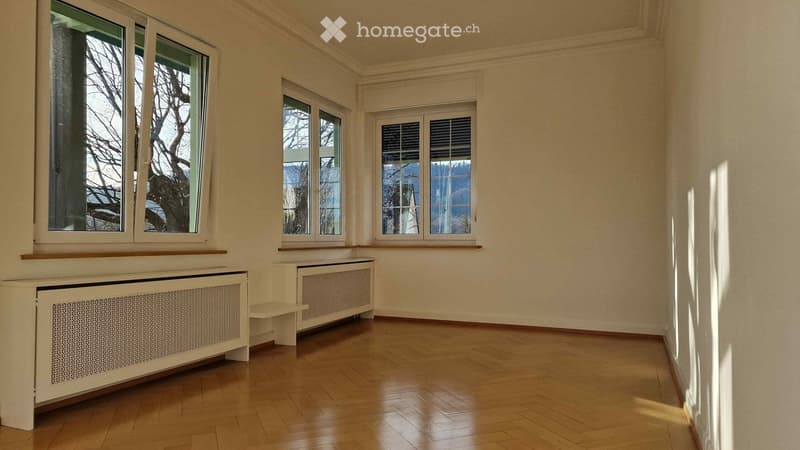 empty room, wooden floor, white walls, three windows, radiators, sunlight