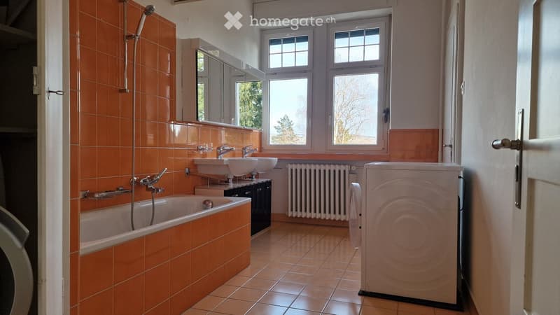Bathtub, two sinks, shower, radiator, washing machine, orange tiles, white walls