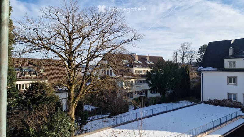 Snowy garden with a tree, fence, and a view of the houses