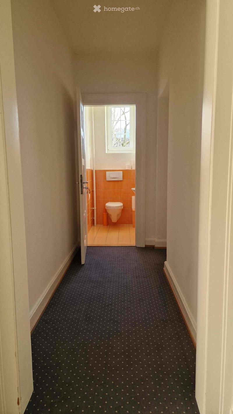Empty hallway with carpeted floor, white walls, open door to bathroom with toilet and sink, window with view outside