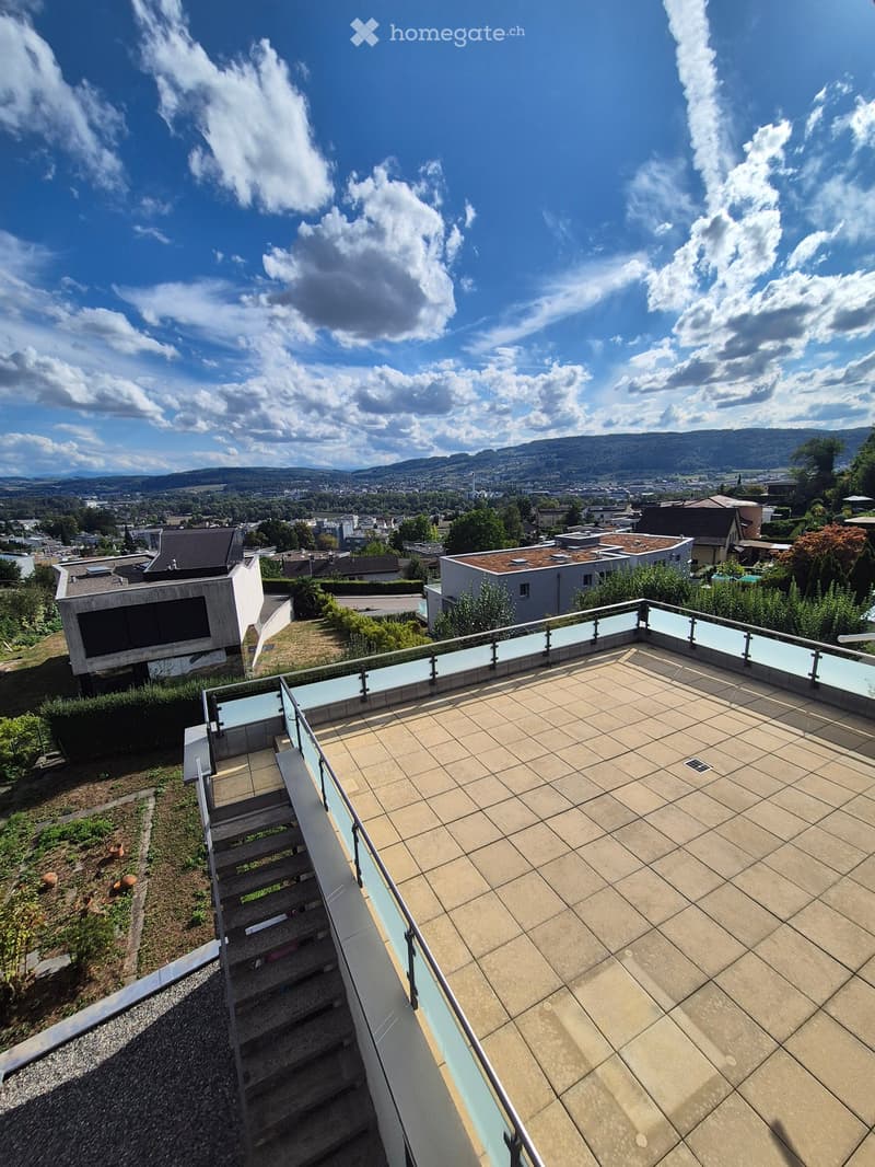 Roof terrace with tiled floor, glass railing, and steps leading to a garden area, overlooking a cityscape with buildings and distant hills.