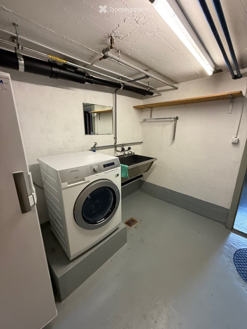 Utility bathroom with a washing machine, sink, mirror, and wooden shelves.
