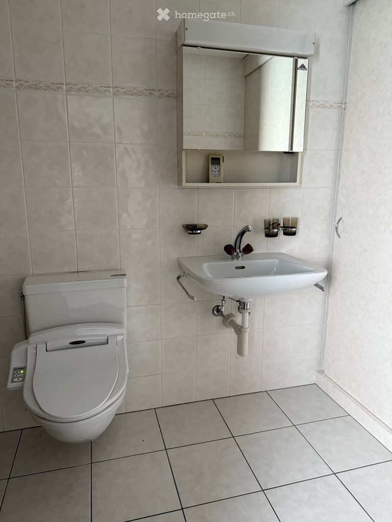 Modern bathroom with white tiles, a toilet, a sink with a faucet, a mirror cabinet, and two cups on a shelf.