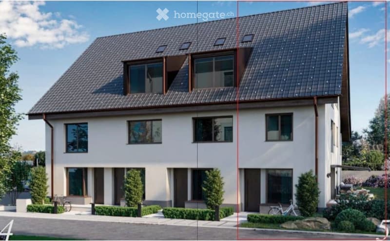 Two-story house with a modern design, white exterior, dark roof, multiple windows, and a well-maintained garden with shrubs and a bicycle.