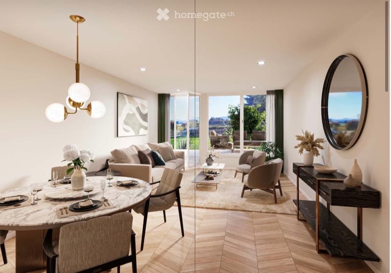 Modern open-concept living and dining area with light wood flooring, large windows, and a view of the outdoor space. Features include a sofa, dining table with chairs, coffee table, side table, mirror, and decorative vases.