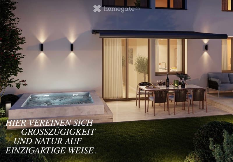 Modern outdoor area with a small swimming pool, a dining table with chairs, and a sofa near the house entrance. The space is well-lit with wall-mounted lights and features a sleek glass door leading into the house.