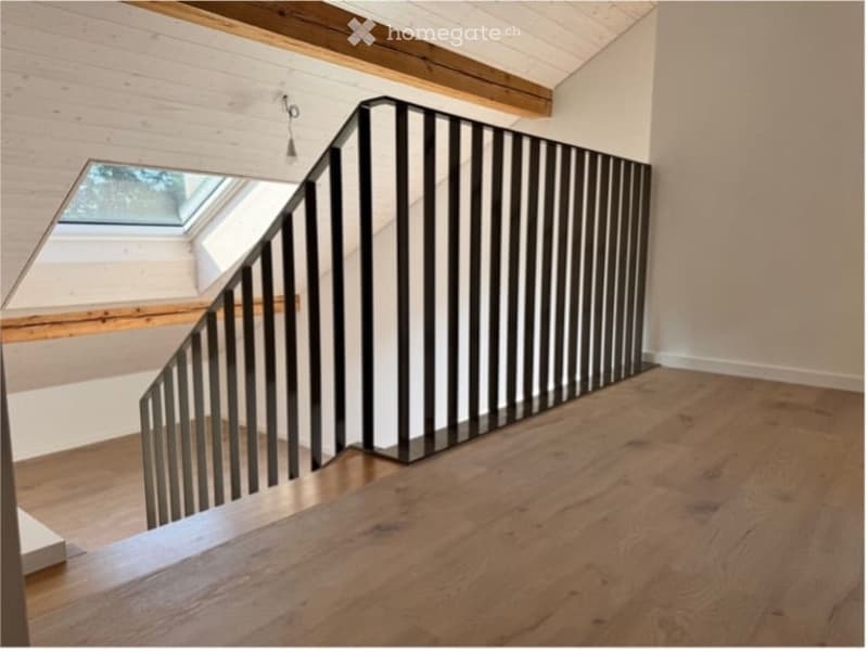Modern hallway with wooden flooring, sleek black metal railing, and skylight above, leading to an open space.