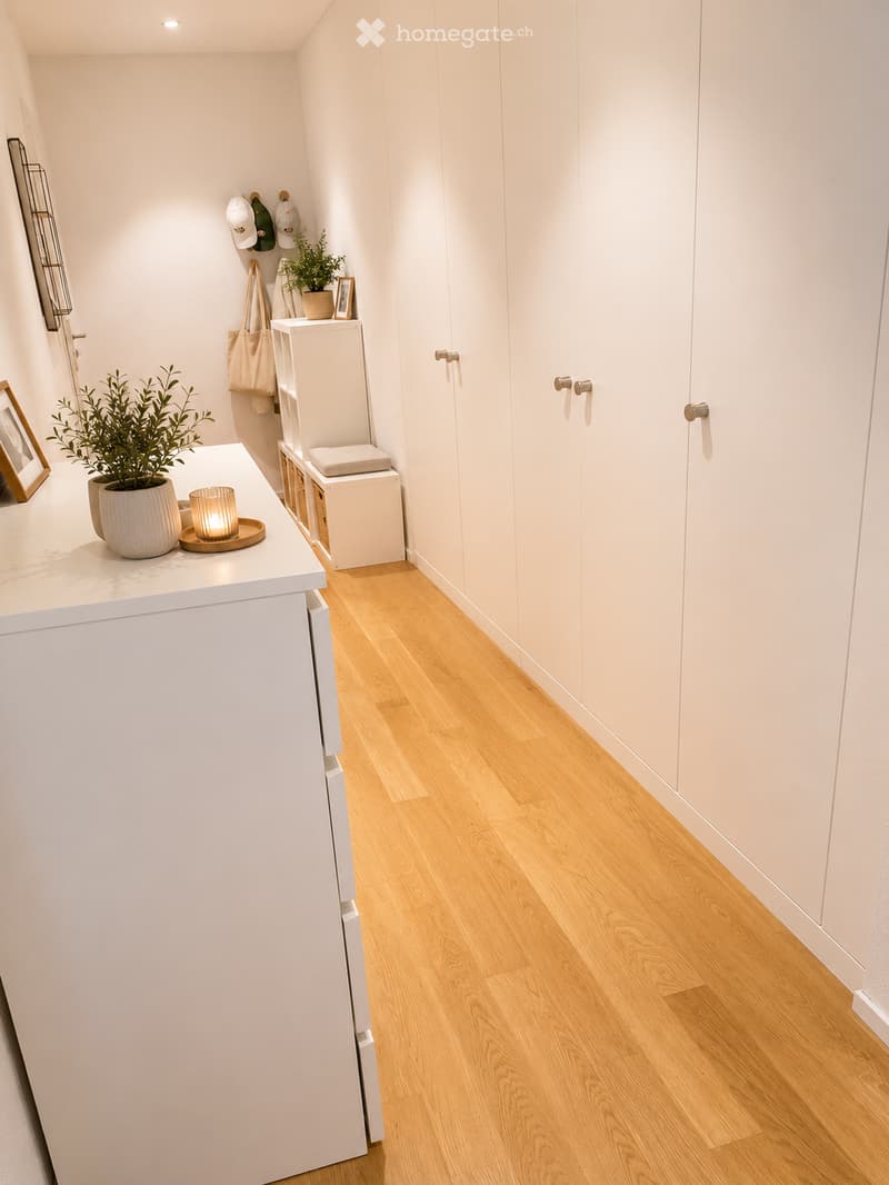 Modern hallway with light wooden flooring, white walls, built-in storage units, small table with plants and candle, and hanging items on the wall.