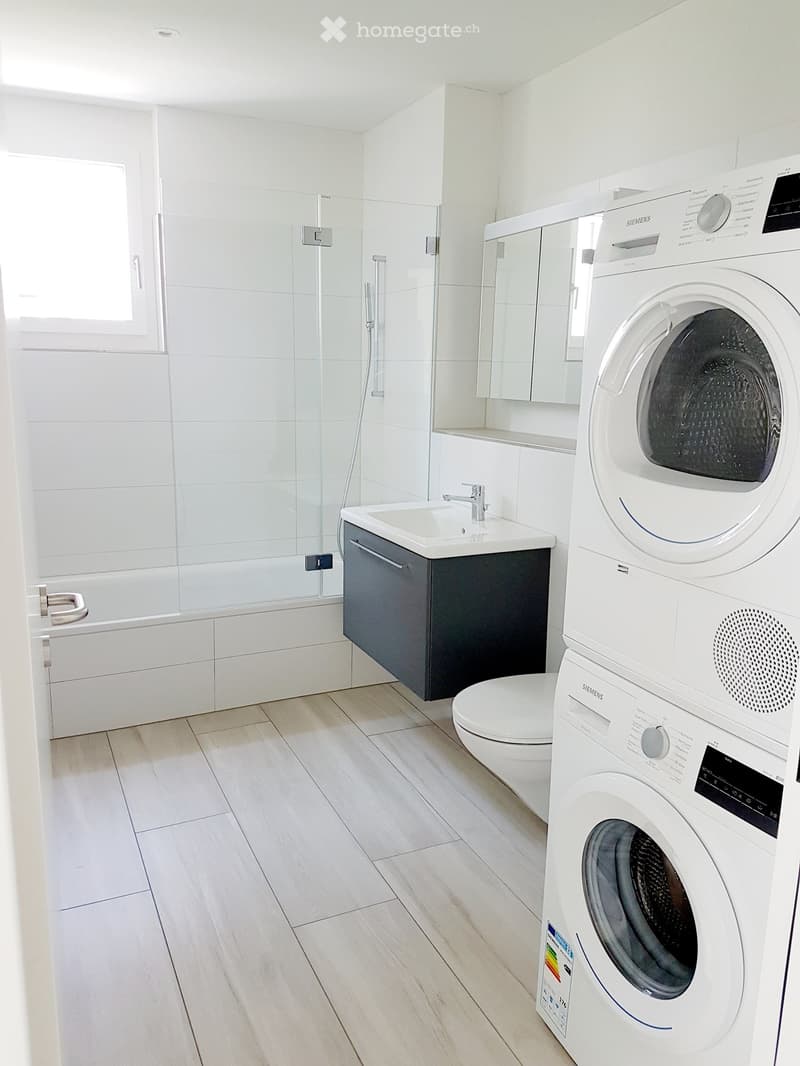 Modern bathroom with white tiles, a glass-enclosed shower, a sink with a modern faucet, a mirror, a dark cabinet, and a white Siemens washing machine and dryer unit.