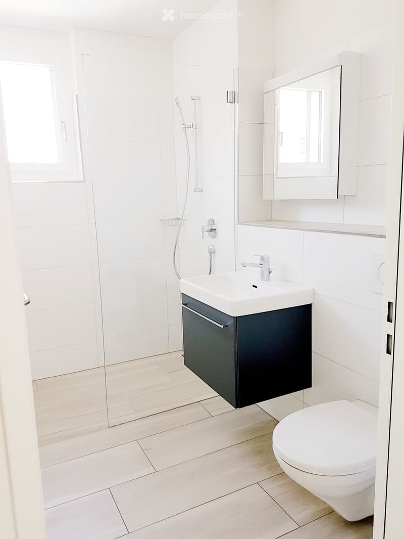 Modern bathroom with white tiles, a glass-enclosed shower, a white sink with a dark cabinet, a mirror, and a toilet.
