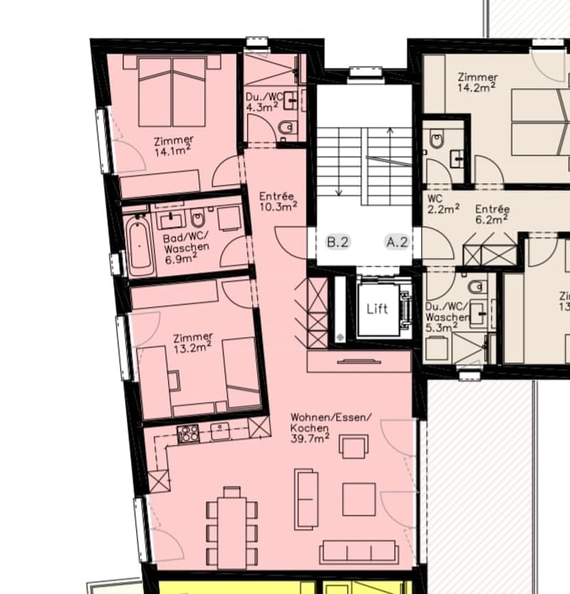 Floor plan of a multi-room apartment with labeled rooms including living/dining/kitchen area, bedrooms, bathrooms, and entrance areas.