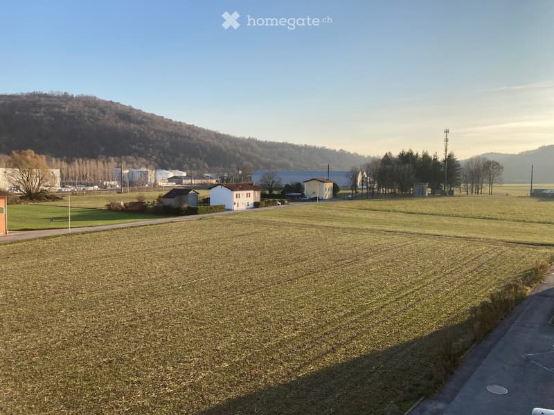Open field with scattered trees, small buildings, and distant hills under a clear sky.