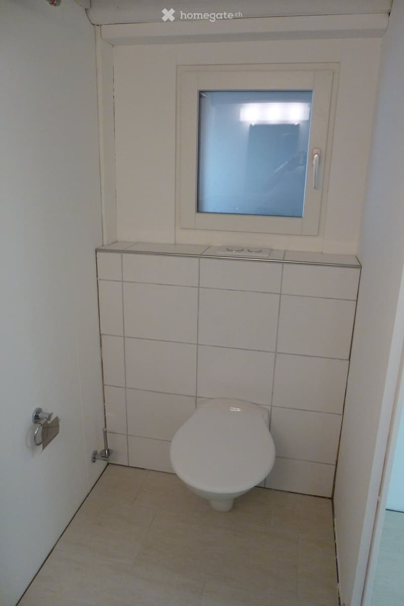 A small bathroom with a toilet, tiled walls, and a frosted window above a shelf.