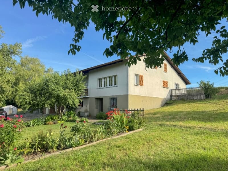 Single-story house with a pitched roof, white facade, and wooden shutters. The house is surrounded by a well-maintained garden with various plants and flowers, and a small fence encloses the property.