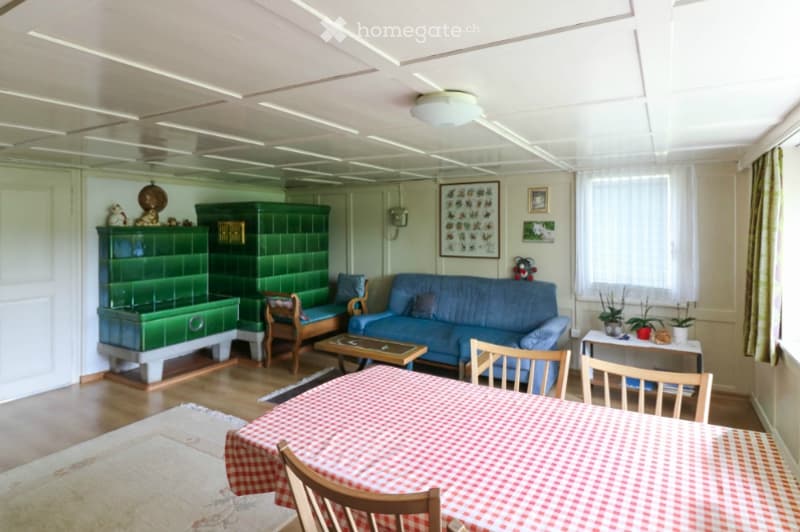A cozy living and dining area with a blue sofa, coffee table, dining table with chairs, green cabinet, and decorative items.