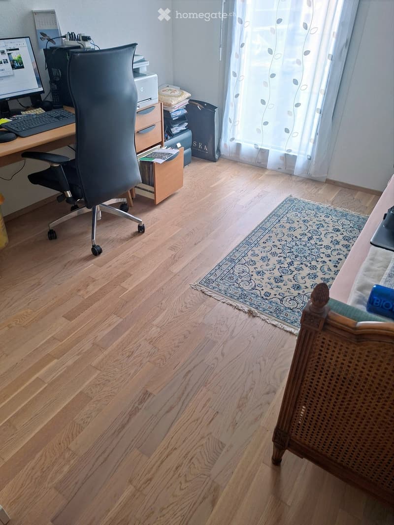 A furnished room with wooden flooring, a large desk with a computer setup, a comfortable office chair, a patterned rug, and a small cabinet with books and papers.