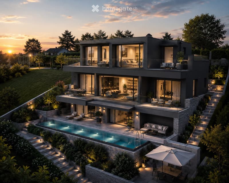 Modern two-story house with large glass windows, multiple terraces, swimming pool, outdoor seating, and well-lit landscaping.