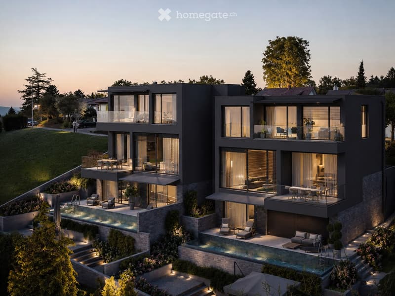 Modern two-story house with large windows, balconies, and a swimming pool in the garden area.