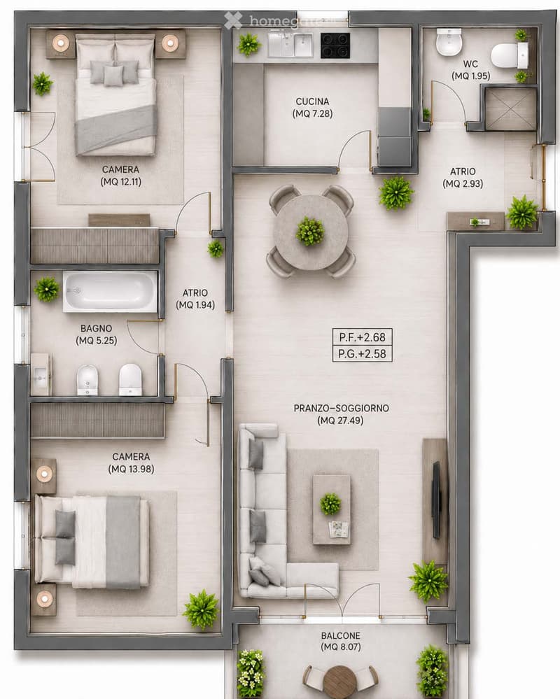 Layout includes two bedrooms, living-dining area, kitchen, two bathrooms, and a balcony.
