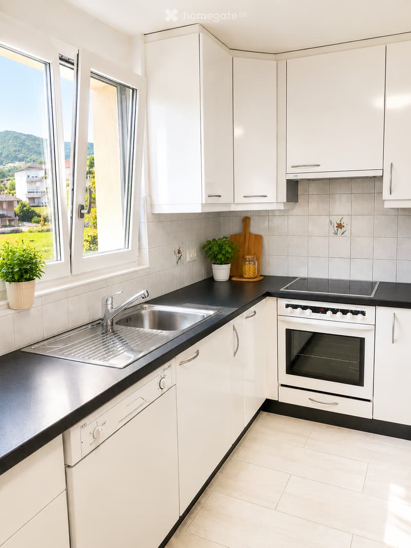 Modern kitchen with white cabinets, black countertops, stainless steel sink, oven, and dishwasher. Features a window with a scenic view, a potted plant, and a cutting board on the counter.