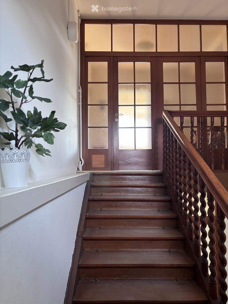 Wooden staircase with ornate railing leads to a double door with glass panels. A potted plant sits on a white ledge to the left.