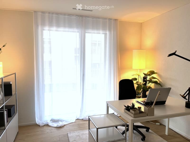 A modern, well-lit room with a desk, laptop, chair, lamp, and decorative plants. The room features large windows with sheer curtains and a sleek, minimalist design.