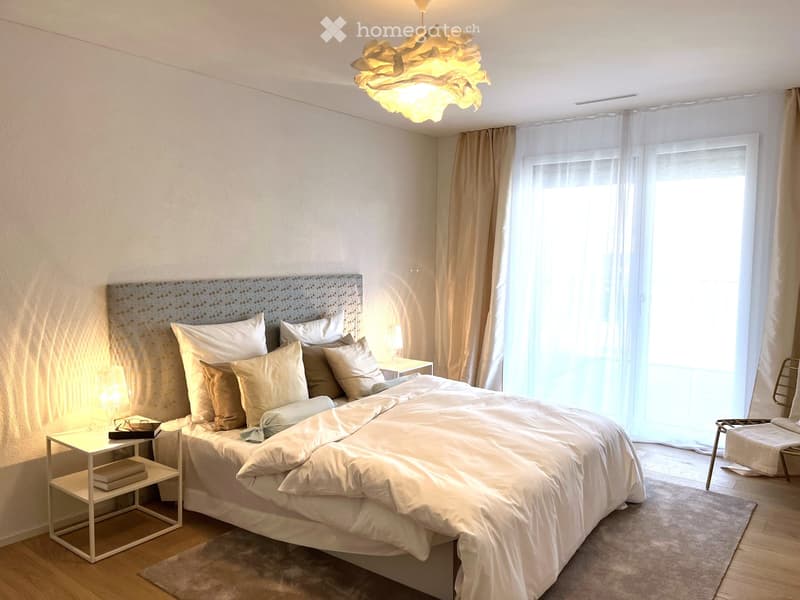 Modern bedroom with a large bed, multiple pillows, a nightstand with a lamp, and a hanging decorative light fixture.