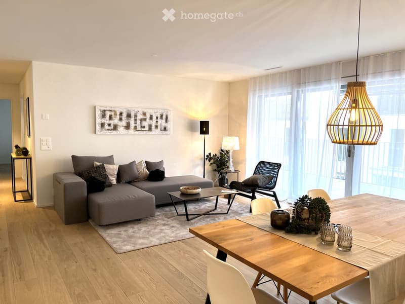 Modern living and dining area with a grey sectional sofa, coffee table, dining table with chairs, pendant light, floor lamp, side table, and decorative plants.