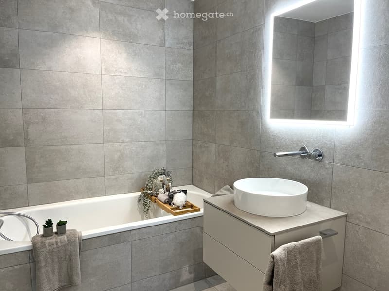 Modern bathroom with a large bathtub, a sleek sink, and a built-in mirror with integrated lighting. The walls are covered in grey tiles, and the countertop is light-colored with a modern faucet.