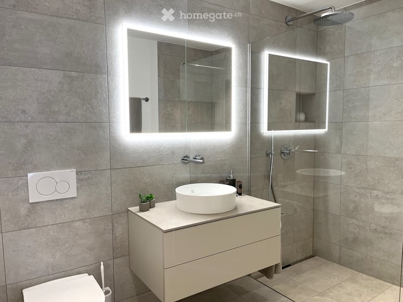 Modern bathroom with grey tiled walls, a white sink with a modern faucet, a large mirror with built-in lighting, a toilet, and a glass-enclosed shower with a handheld showerhead.