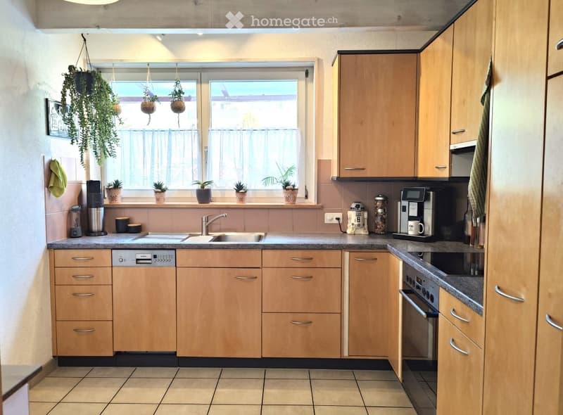 Bright kitchen with wooden cabinets, stainless steel appliances, and a window with potted plants and curtains.