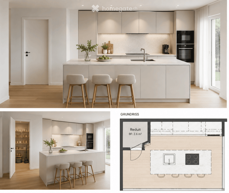 Floor plan and rendered view of a modern kitchen with white cabinets, island, bar stools, and appliances including a microwave, coffee machine, and sink.