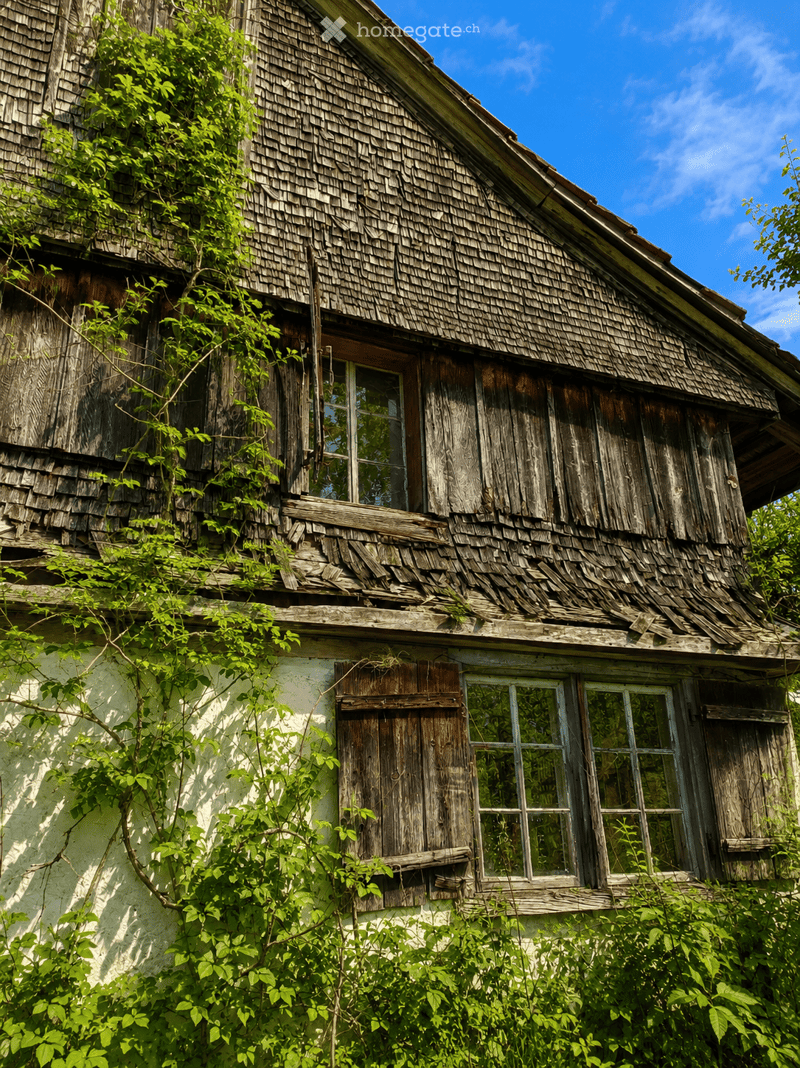 An old, weathered wooden house with a steeply pitched roof, overgrown vegetation, and boarded-up windows and doors.