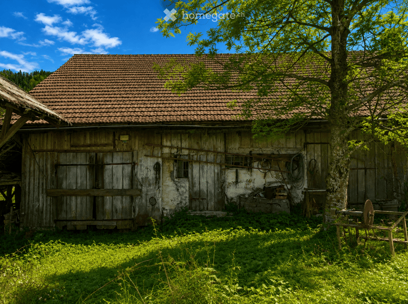An old wooden barn with a tiled roof, weathered wooden walls, and a small window. The surrounding area is overgrown with grass and trees.