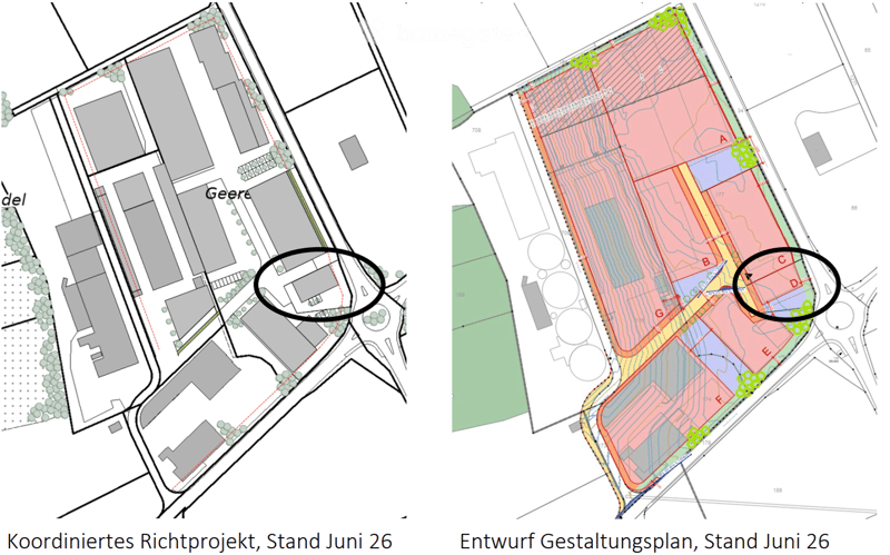 Floor plan of a residential area showing building outlines, labeled zones, and surrounding green spaces.