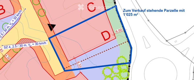 Topographic map showing a land plot for sale, marked with dimensions and surrounding areas.