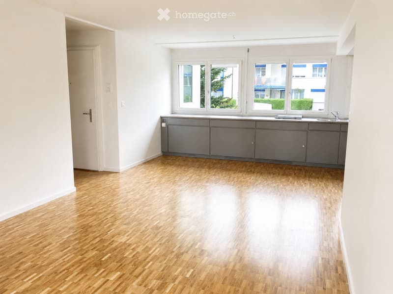 Empty room with light wooden flooring, grey cabinetry, and large windows overlooking a green area.