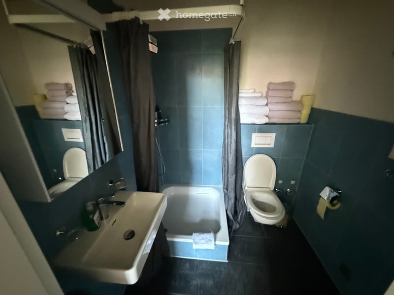 Bathroom with a bathtub, sink, two toilets, and neatly stacked towels on shelves.
